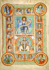 Erzbischof Friedrich I. mit Bücherkisten (unten) .Ausschnitt aus dem sog. Friedrich - Lektionar ,um 1120 - 1130.