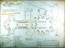 Handgezeichneter, kolorierter Plan; Grundriss der Kirche - AEK, Kartensammlung C 240.